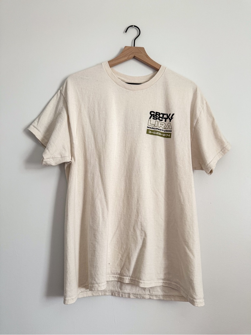 Virtue Graphic Society Lira Manufacturing T Shirt Cream Cotton Tee Size L